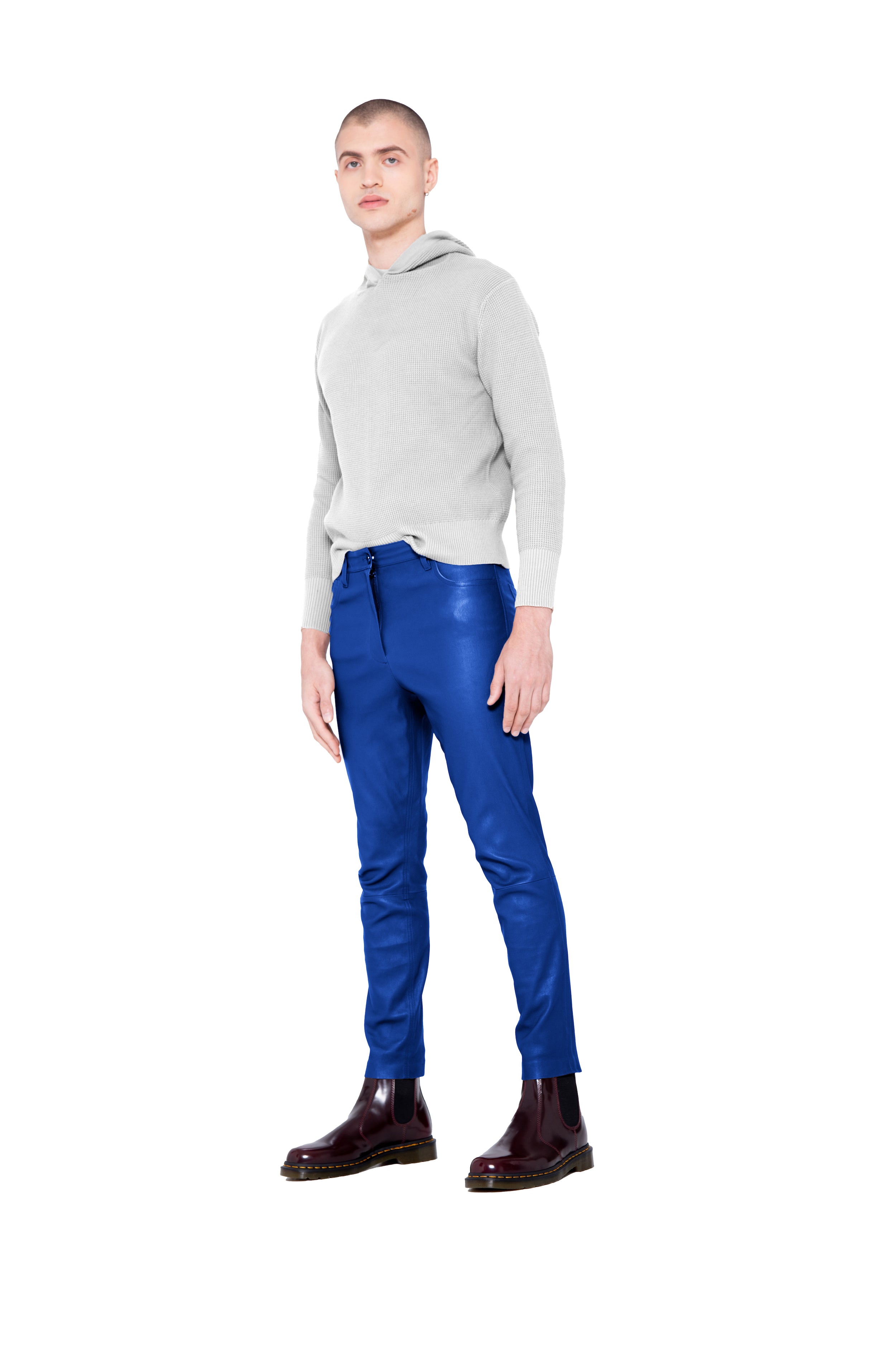 Plastering metallic midnight blue jean | Mens leather pants, Mens outfits,  Well dressed men